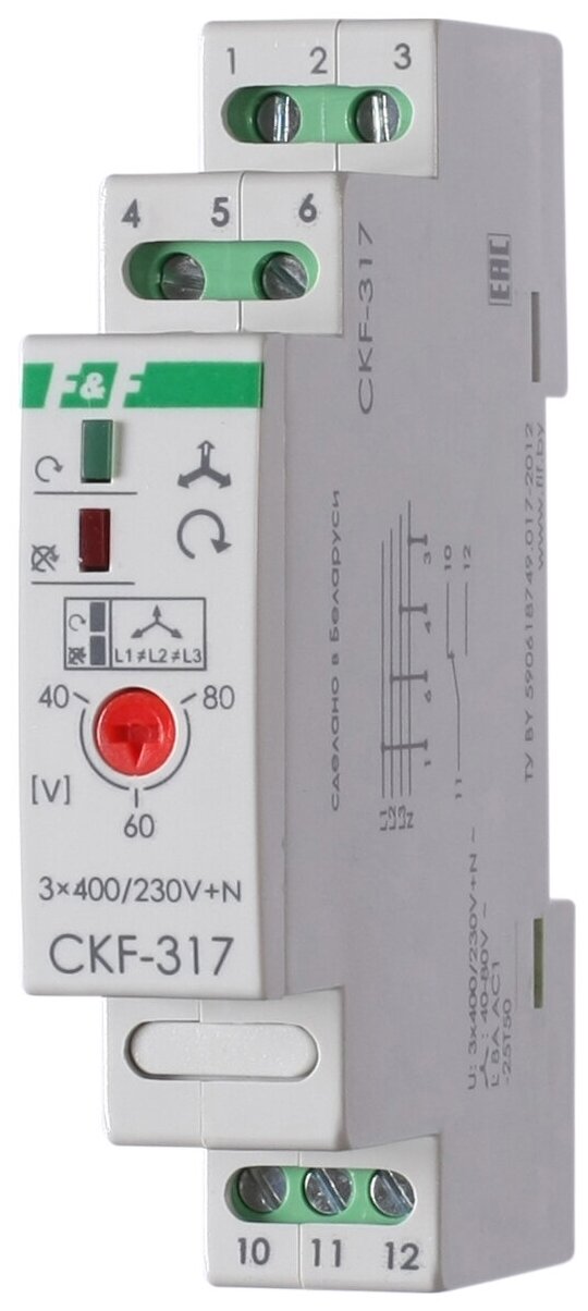 Реле контроля наличия и чередования фаз CKF-317 (монтаж на DIN-рейке 35мм; регулировка порога отключения; 3х400/230+N 8А 1P IP20) F&F EA04.002.006 1шт