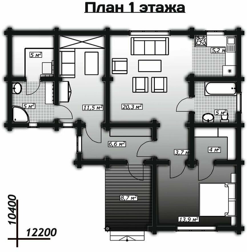 Готовый проект дома и бани из оцилиндрованного бревна / Одноэтажный / 88,9 м2 - фотография № 2