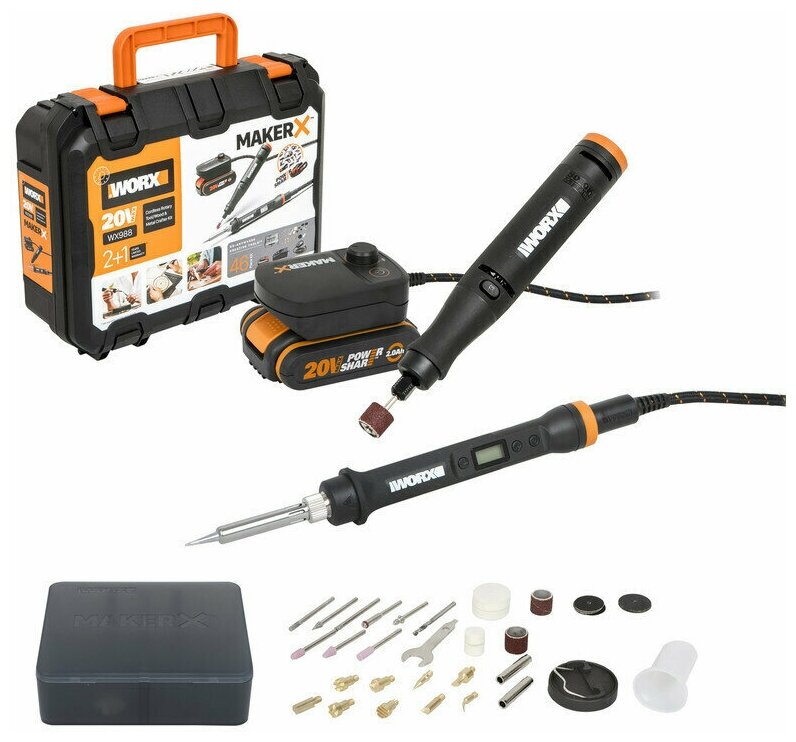 Набор WORX MAKER X 20V аккумуляторный MAKER X: гравировальная машинка WORX WX739 + выжигатель-паяльник аккумуляторный WORX WX744 - фото №1