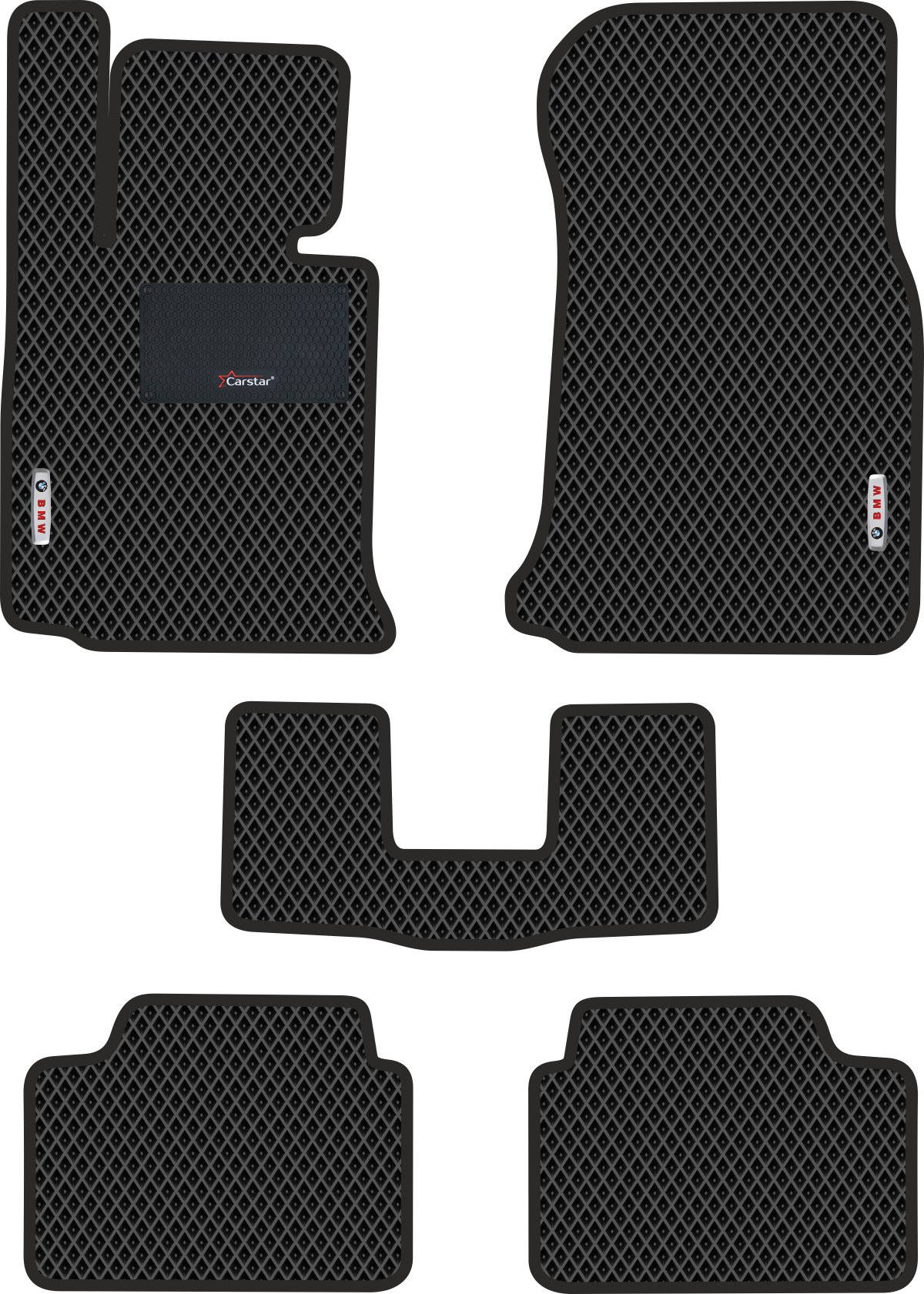Автомобильные коврики EVA для BMW 1 II F20\21 (2011-н/в) с каучуковым подпятником и 2 эмблемами BMW, чёрные с чёрным кантом, ячейка - ромб
