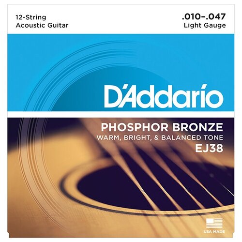 EJ38 Phosphor Bronze Комплект струн для акустической 12-струнной гитары, Light, 10-47, D'Addario