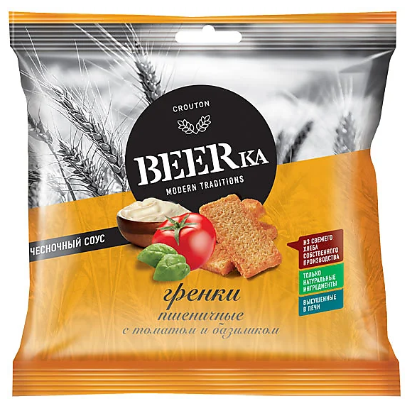 Beerka, гренки со вкусом томата с базиликом и чесночным соусом, 85 г