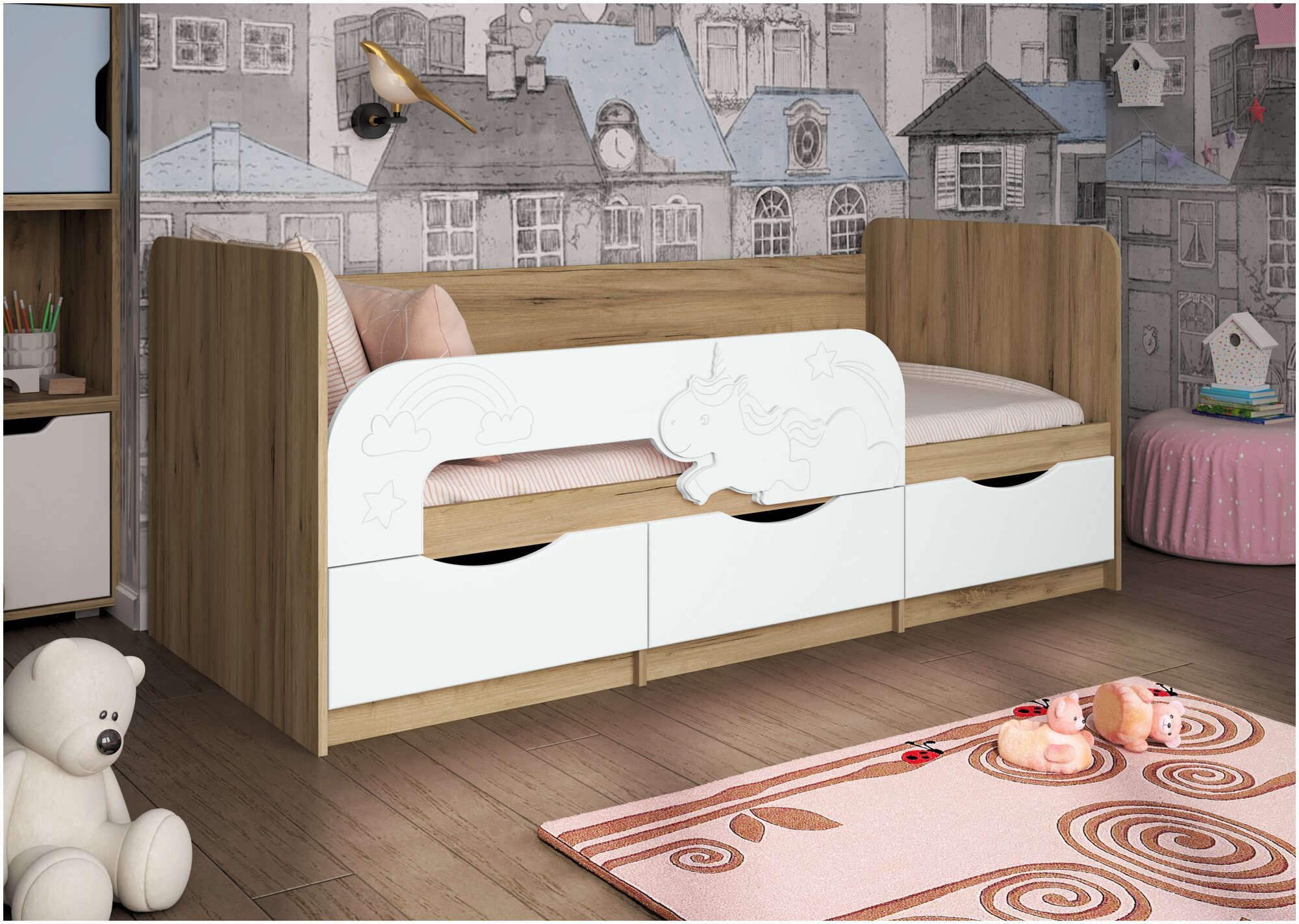 Кровать детская 3D эксклюзив "Единорожек" 1,6м (Дуб Крафт золотой / Белый софт)