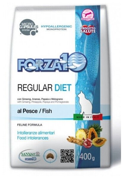 Forza10 Regular Diet Сухой корм для взрослых кошек при аллергии и повышенной чувствительности к животным белкам с рыбой - 400 г