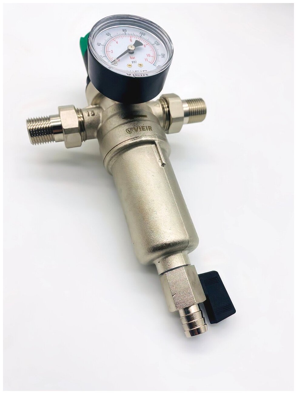 Самопромывной фильтр с регулятором давления и манометром 1/2" для горячей воды, никелированный ViEiR