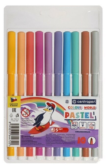 Фломастеры 10 цветов 2.0 мм Centropen 7550 TP Colour World Pastel, смываемые, европодвес