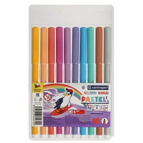 фломастеры centropen colour world washable 12 цветов арт 7550 12 tp 7790 12 tp количество в наборе 2 шт Фломастеры 10 цветов 2.0 мм Centropen 7550 TP Colour World Pastel, смываемые, европодвес