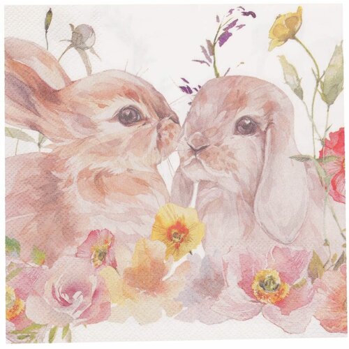 Салфетки бумажные, 33х33 см, 20 шт, белые, Кролики в цветах, Easter