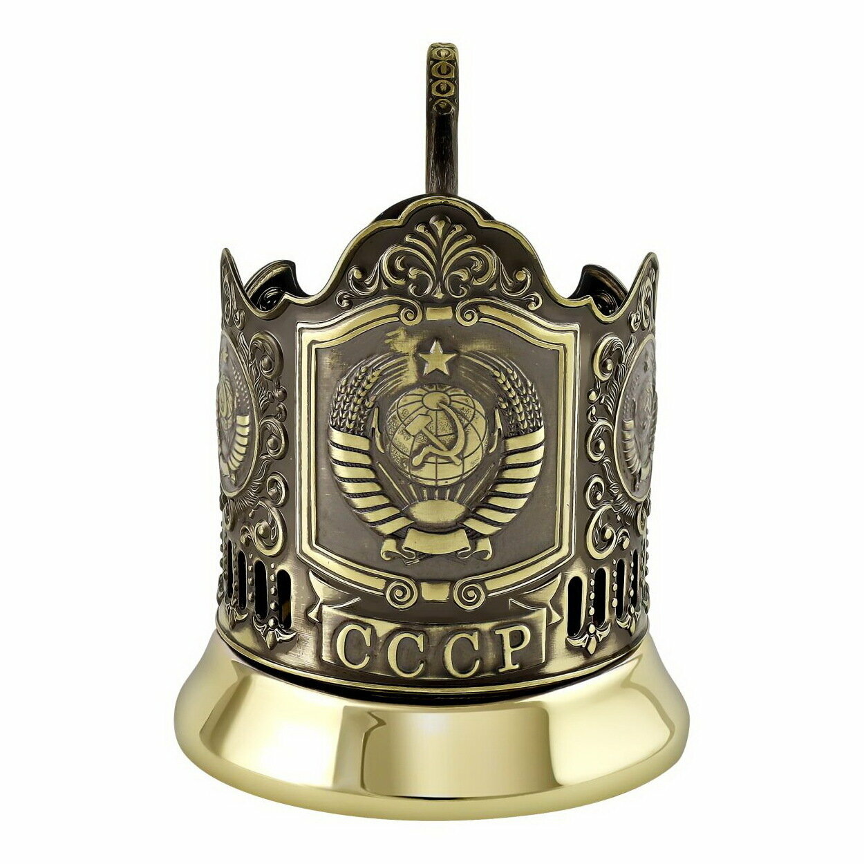 Подстаканник "Герб СССР"(латунь) с чайной ложкой и граненым стаканом — фото 1
