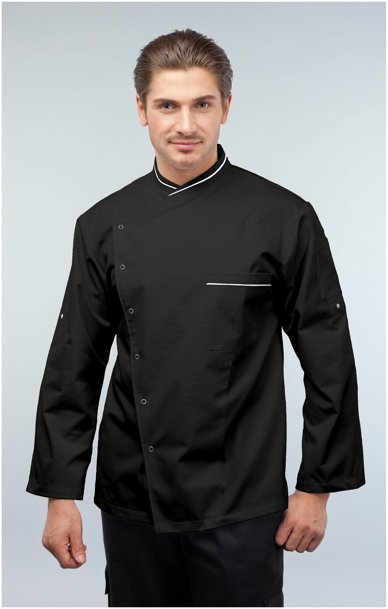 Куртка для повара мужская/Китель поварской мужской Uniforms (цвет чёрный с белым кантом, 42 размер)