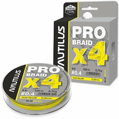 Шнур Nautilus Pro Braid X4 Fluo Yellow d-0.09 2.7кг 6lb 150м