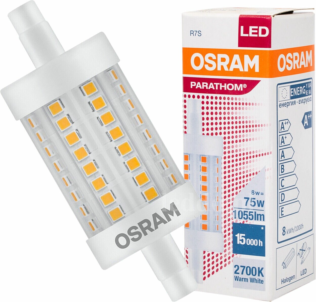 Лампа Светодиодная OSRAM Трубка линейная двухцокольная R7s 78мм 8Вт 220В 1055Лм 2700К свет Теплый белый упаковка 1шт