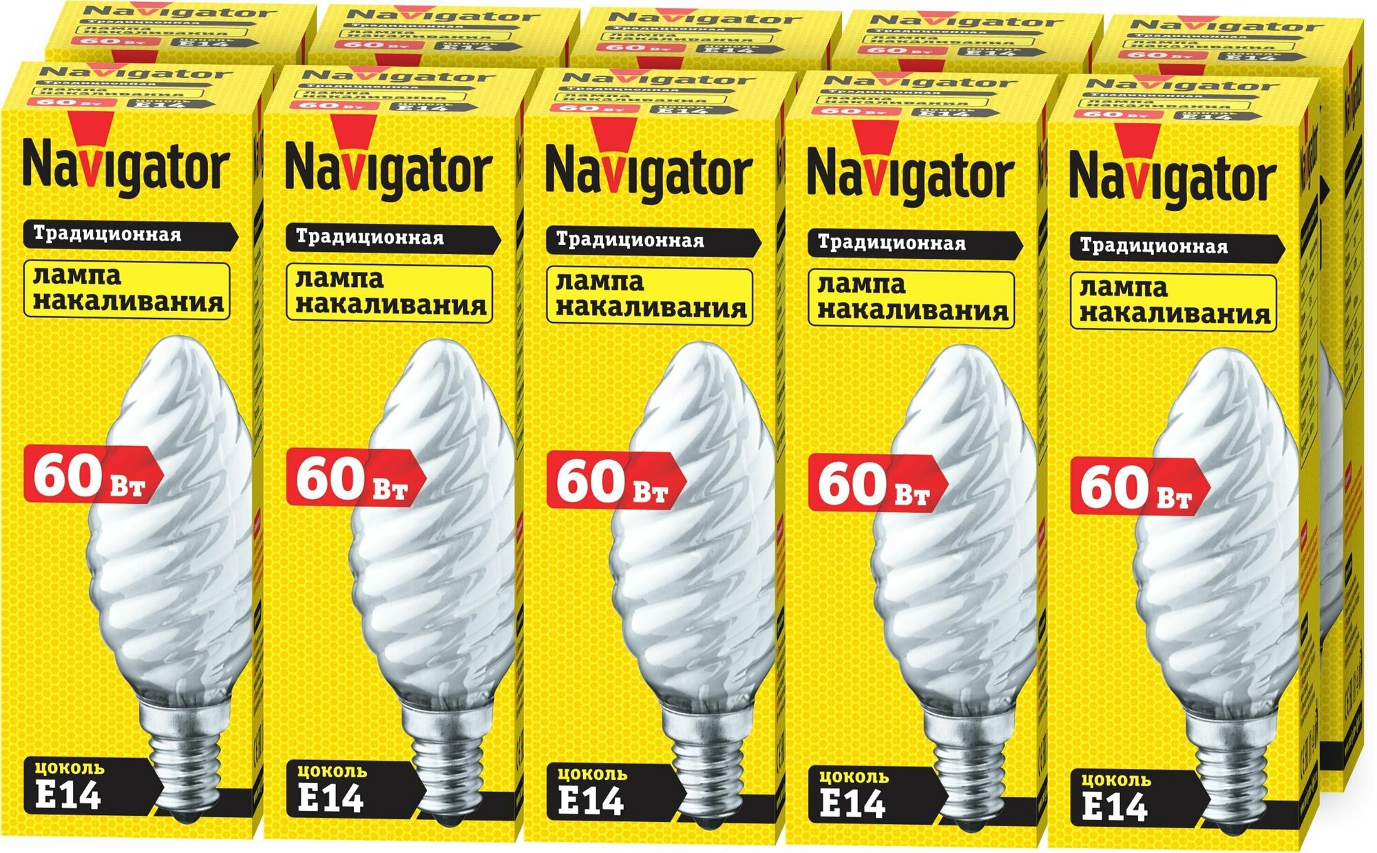 Лампа накаливания Navigator 94 331 NI-TC, E14, витая свеча, 60Вт, упаковка 10 шт.