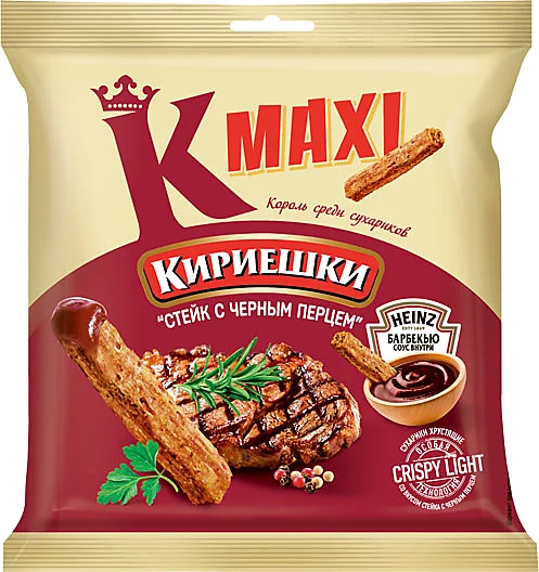 Кириешки Maxi, сухарики со вкусом стейка с черным перцем и соусом барбекю, 80 г