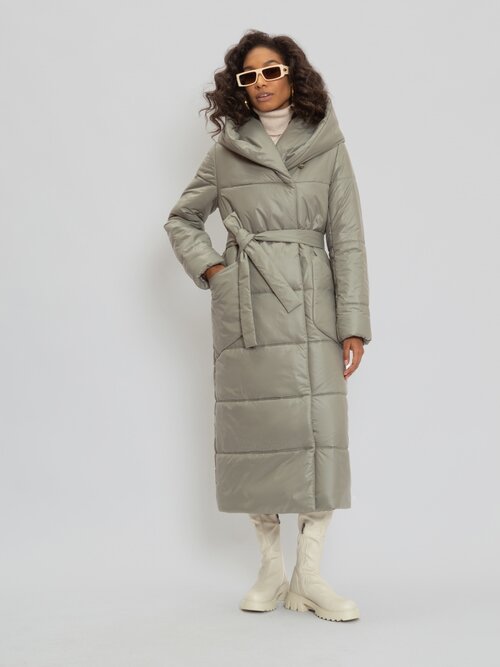 куртка  Electrastyle, демисезон/зима, удлиненная, силуэт прямой, капюшон, карманы, пояс/ремень, размер 48, зеленый