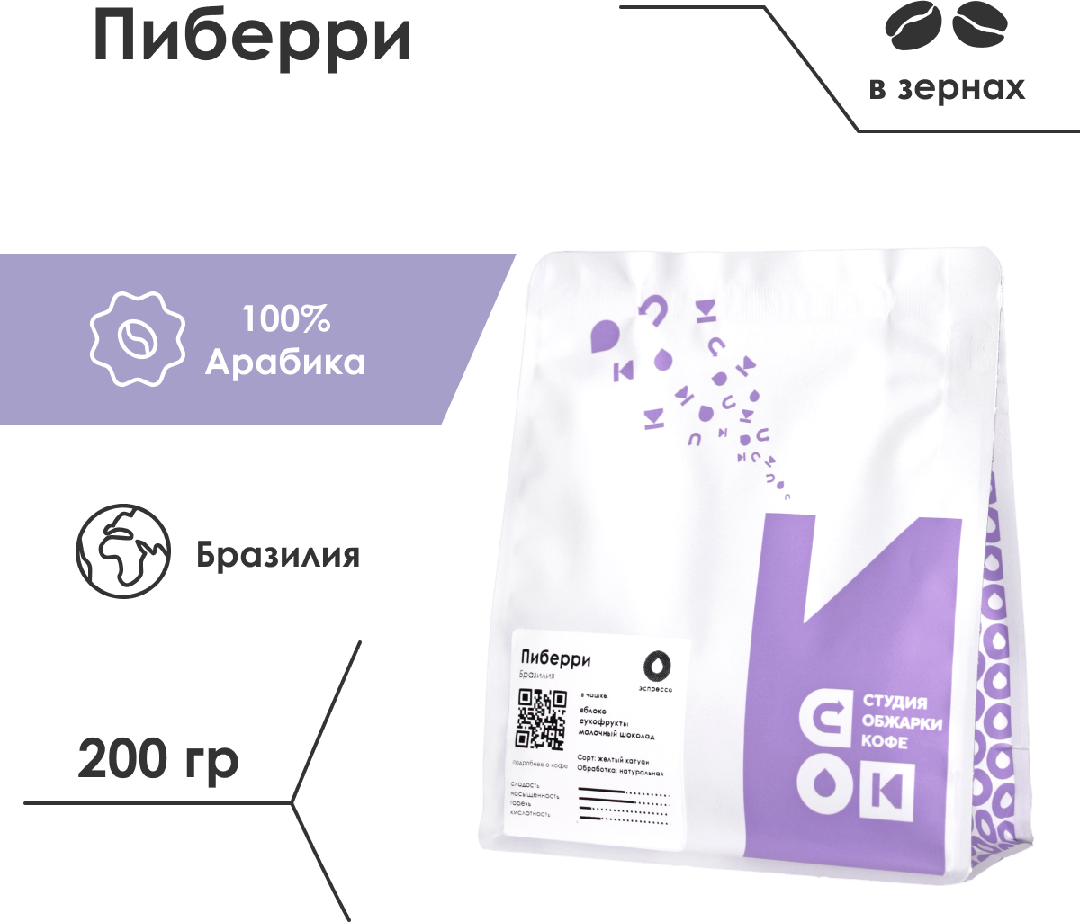 Кофе в зернах Бразилия Пиберри, 100% Арабика, Обжарка Средняя, Обработка Натуральная, Студия Обжарки Кофе СОК, 200 г - фотография № 1