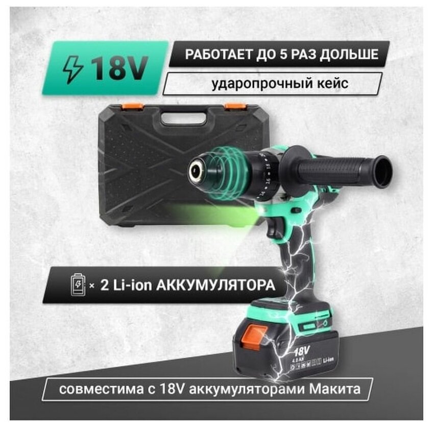 Дрель-шуруповерт аккумуляторная ударная Zitrek Green Impact 18V (18В, Li-ion 2x4.0Ач) - фотография № 2