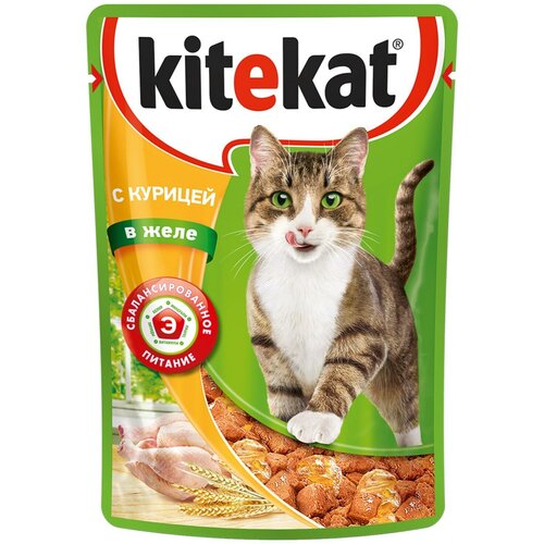 Корм консервированный для кошек KITEKAT c сочными кусочками курицы в желе, 85 г - 60 шт.