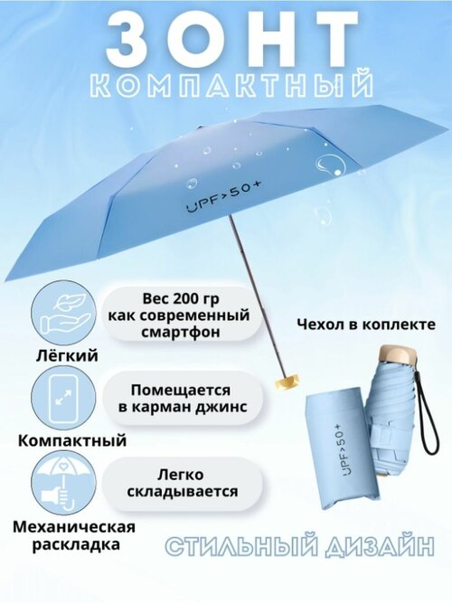 Зонт Bella Umbrella, механика, 4 сложения, купол 88 см, 6 спиц, голубой