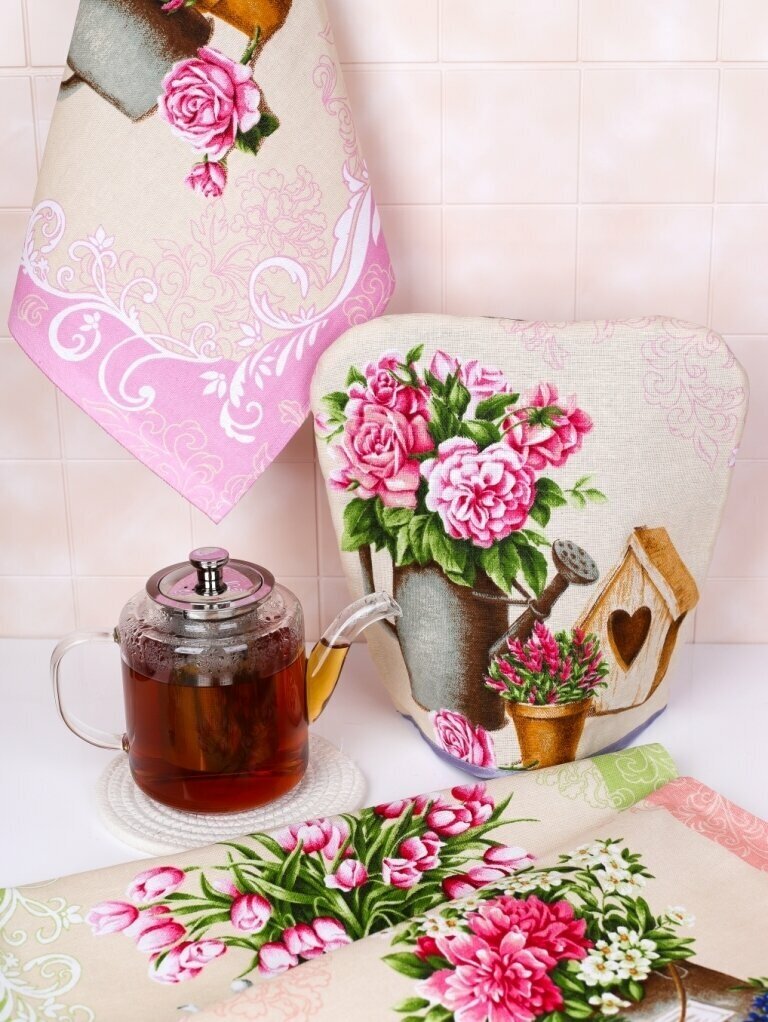 Грелка на чайник и набор кухонных полотенец "Садовые пионы" (78212463)