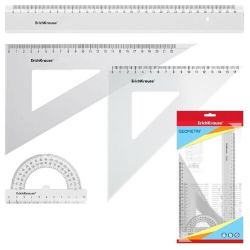 ingenio red 4 предмета 16 22 26 см 04175890 Набор чертежный линейка 30см 3 пр ErichKrause Clear, ( 2 угол, трансп.), прозр, во флоупаке