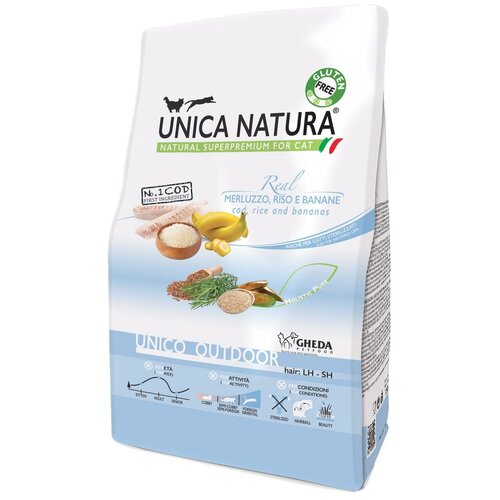 Сухой корм для стерилизованных кошек Unica Natura с треской, с рисом, с бананом 1.5 кг