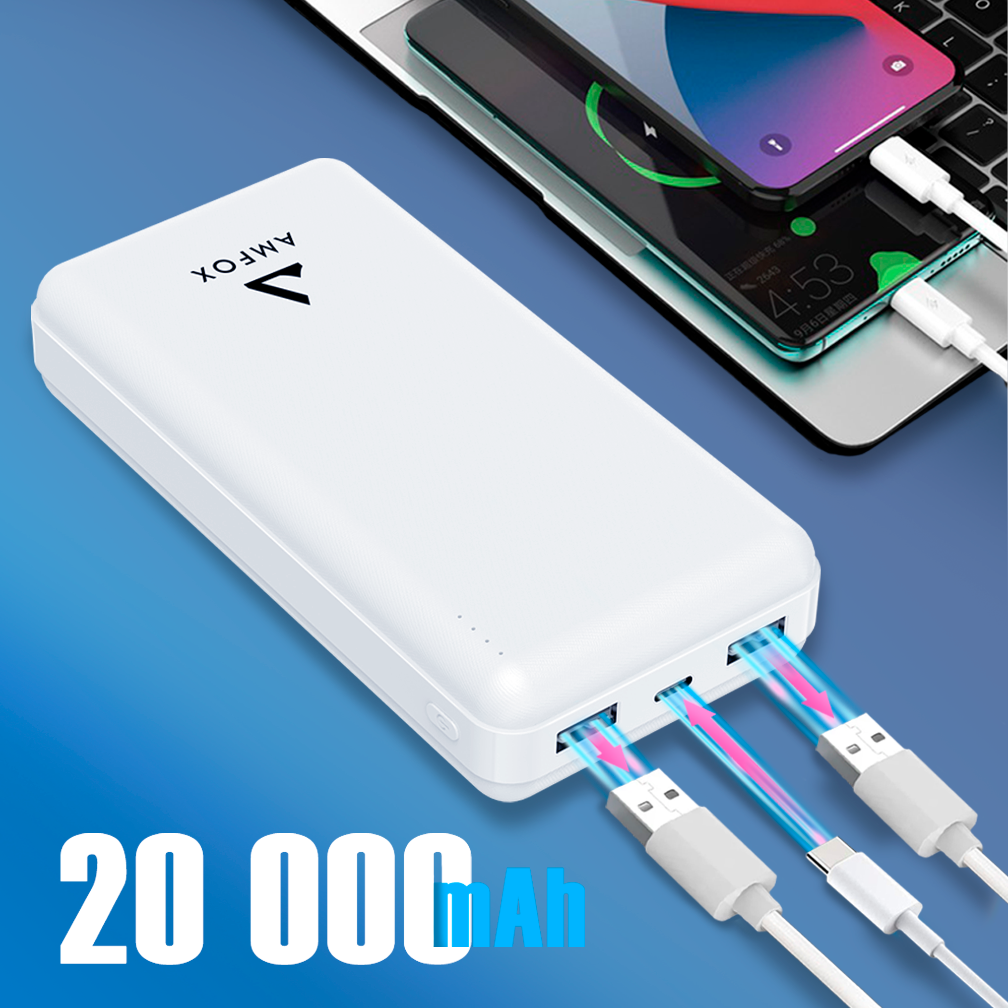 Портативный внешний аккумулятор 20000 mAh, WALKER, APB-520, белый / powerbank, power bank на телефон, повербанк, банка для заряда, повер банк