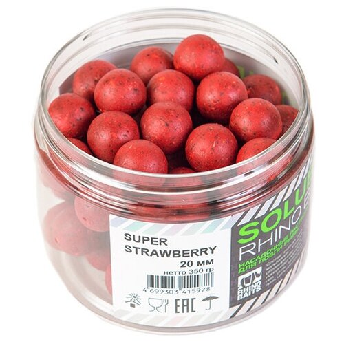 Бойлы RHINO BAITS растворимые насадочные Super Strawberry (супер клубника) 18мм, банка 0,15 кг