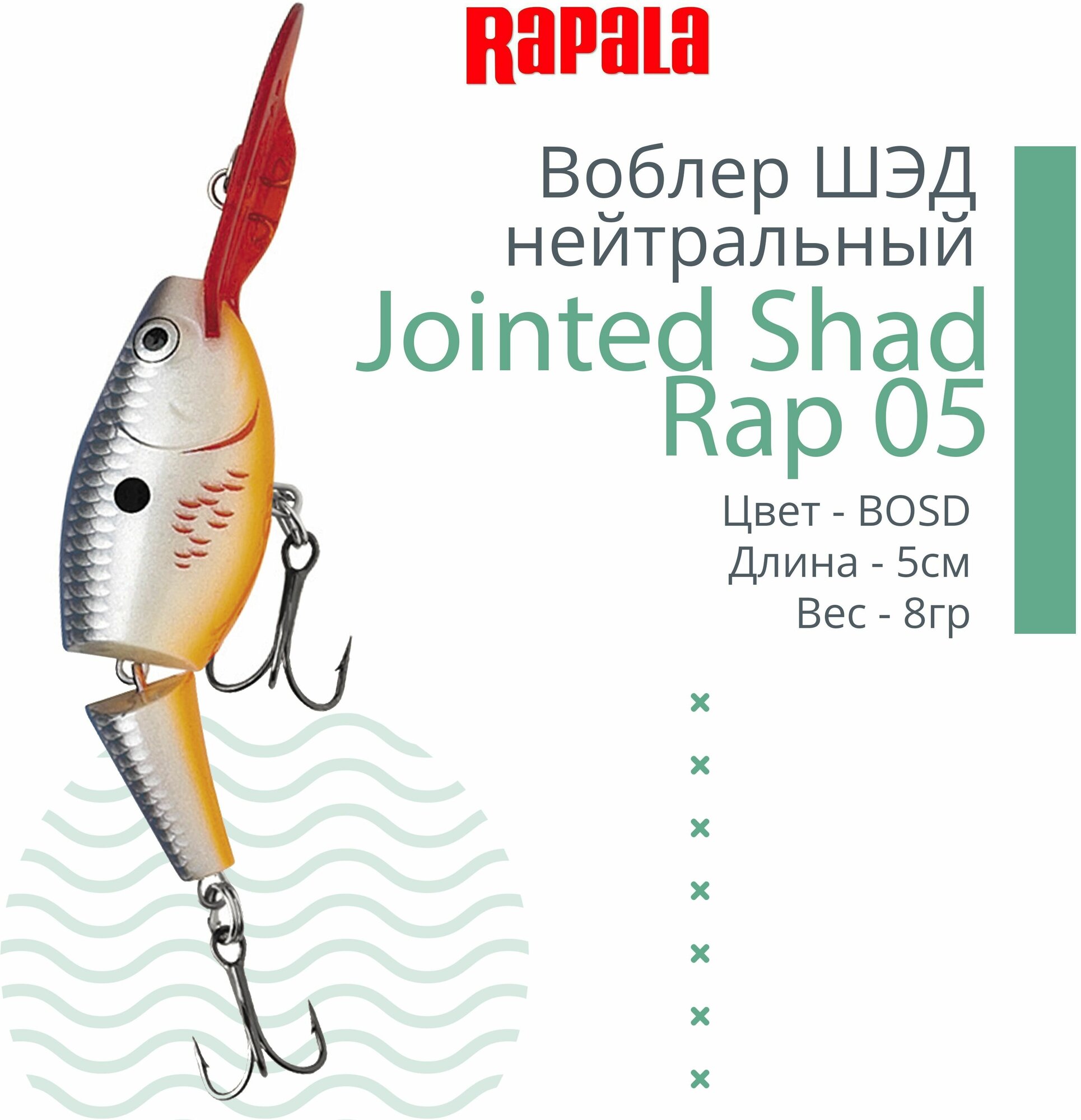 Воблер для рыбалки RAPALA Jointed Shad Rap 05, 5см, 8гр, цвет BOSD, нейтральный