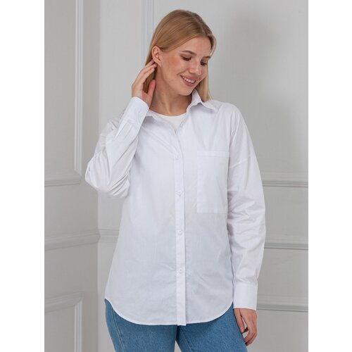 фото Рубашка , повседневный стиль, свободный силуэт, длинный рукав, карманы, однотонная, размер оверсайз (42-48), белый saryshka