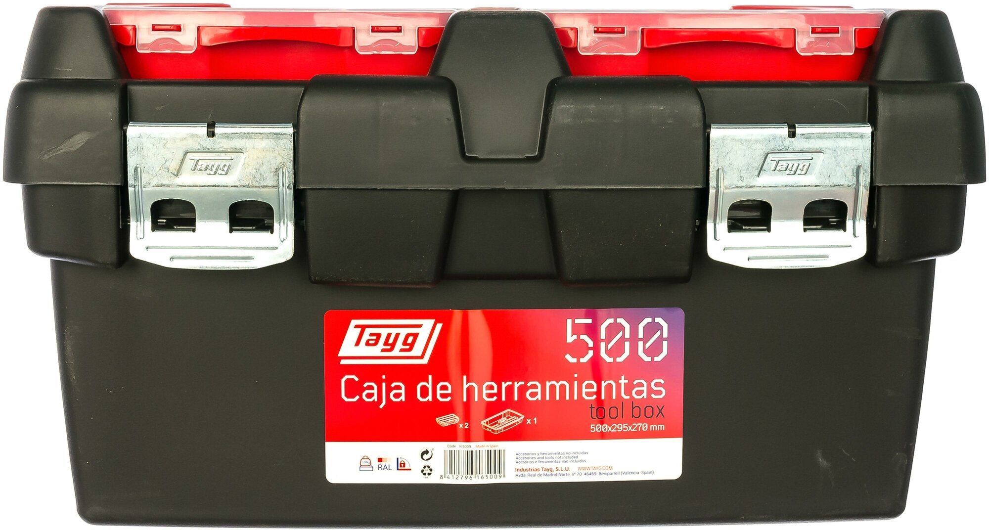 Ящик для инструмента TAYG №500, с лотком, 2 органайзерами и ручкой-фиксатором, черный, 500х295х270 мм