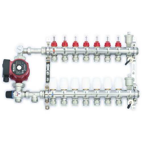 Комплект для тёплого пола на 7 контуров с насосом (Коллектор VR116-07AKN на 07 контуров, Насос циркуляционный , Евроконусы, Насосно-Смесительный узел VR204A) латунный коллектор для теплого пола 11 контуров с расходомерами 1x3 4 vieir