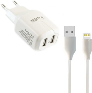 Сетевая зарядка FaisON 2xUSB C-19, Grade, 2.4A, кабель 8 pin, 1.0 м, белый