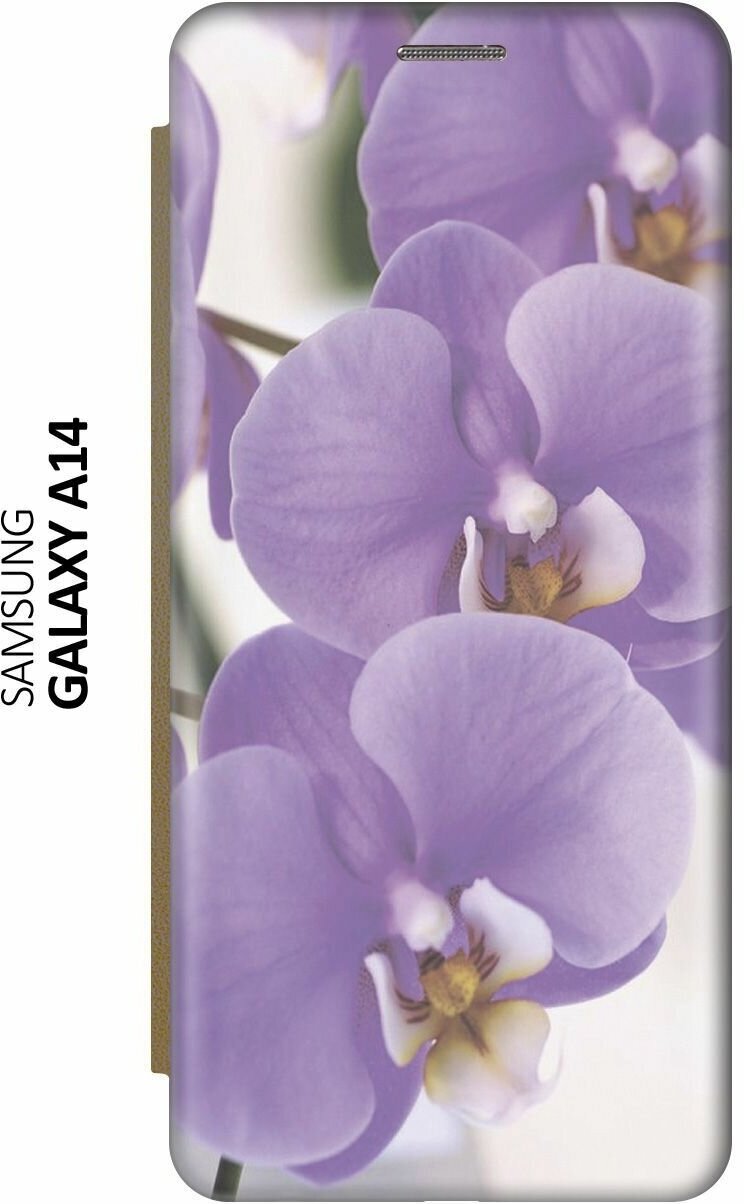 Чехол-книжка на Samsung Galaxy A14, Самсунг А14 c принтом "Сиреневые орхидеи" золотистый