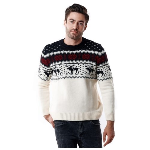 фото Мужской свитер, классический скандинавский орнамент северные олени и снежинки, натуральная шерсть, белый цвет, размер s anymalls