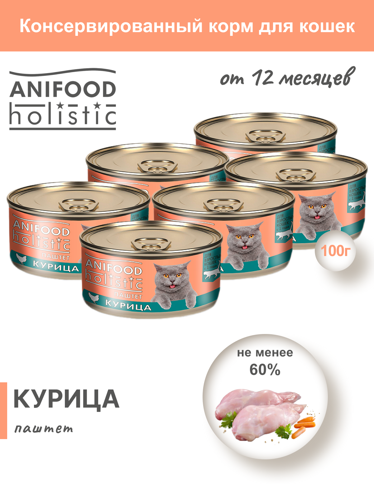Консервы для кошек Anifood Holistic паштет из курицы, 100 гр. * 6 шт. - фотография № 2