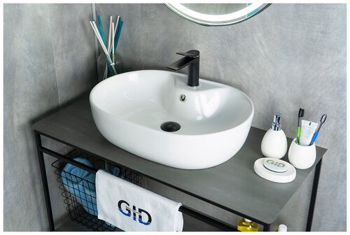 Комплект 3 предмета: Керамическая накладная раковина для ванной Gid N9163 с сифоном А-3202 и донным клапаном хром H6716