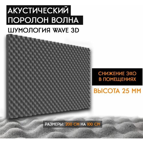 Акустческий поролон Шумология Wave 3D 25 (1 лист 200*100см) - шумопоглощающий материал
