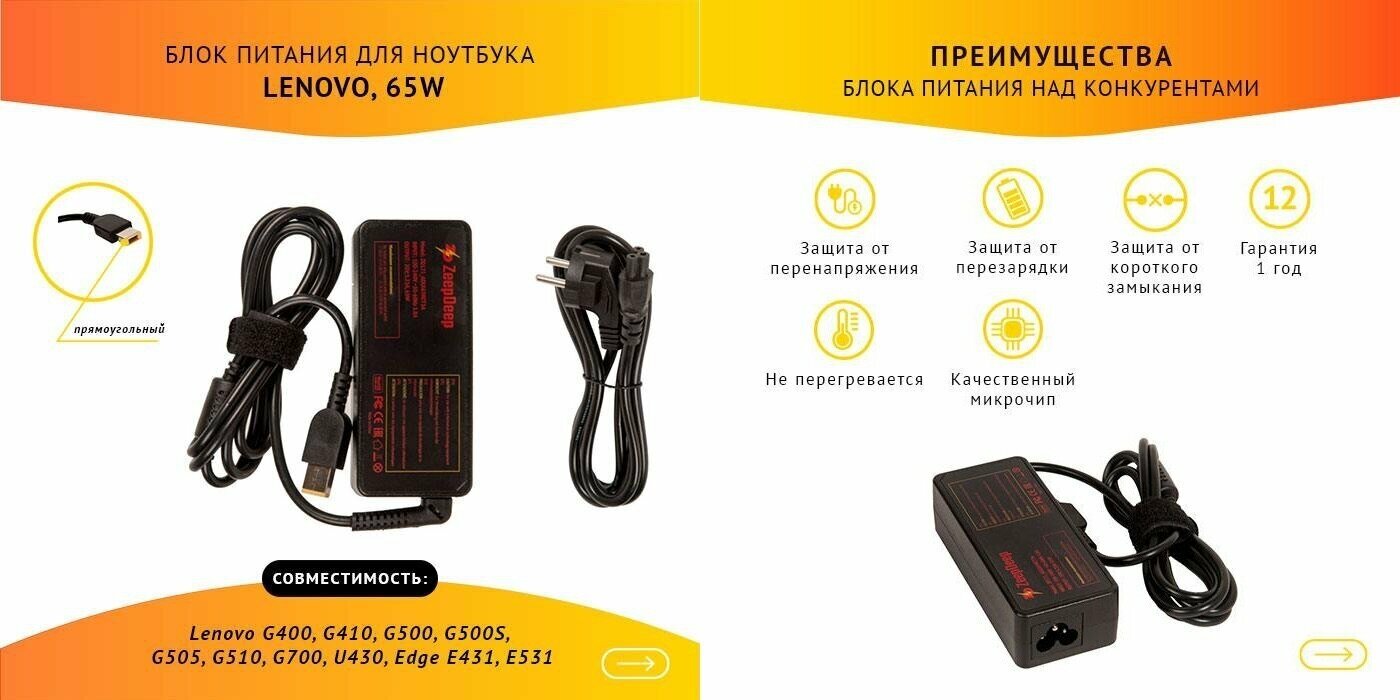 Блок питания ZeepDeep для ноутбука Lenovo G400, G410, G500, G500S, G505, G510, G700, U430, Edge E431, E531, 20V 3.25A, 65W с прямоуг штекером