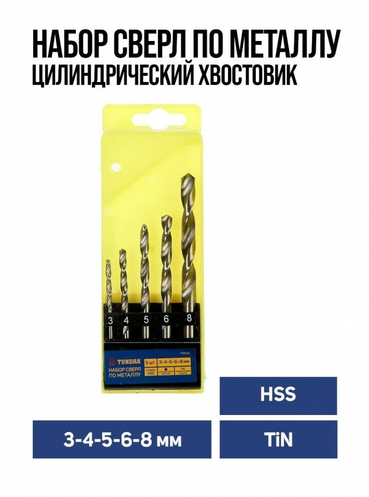 Набор сверл по металлу тундра, HSS, TiN, цилиндрический хвостовик, 3-4-5-6-8 мм, 5 шт. - фотография № 5