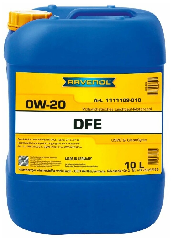 Моторное масло RAVENOL DFE SAE 0W-20 (10л)