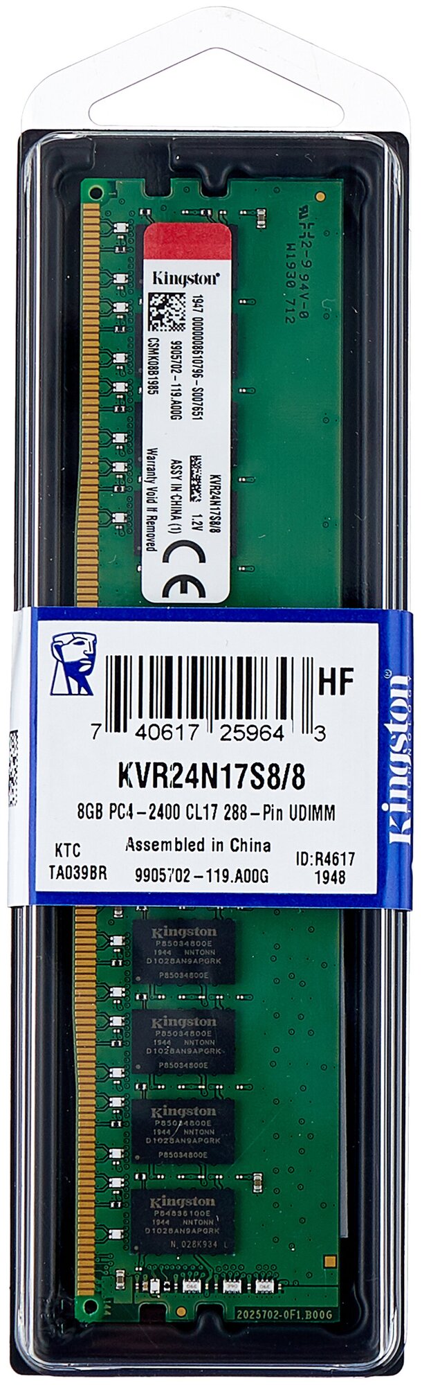 Оперативная память для компьютера DIMM DDR4 8Gb Kingston KVR24N17S8/8 2400MHz (PC-19200) CL17, 280pin, 1.2V, Retail