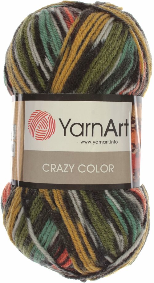 Пряжа Yarnart Crazy Color хаки-желтый-мята-черный-коралл (163), 75%акрил/25%шерсть, 260м, 100г, 1шт