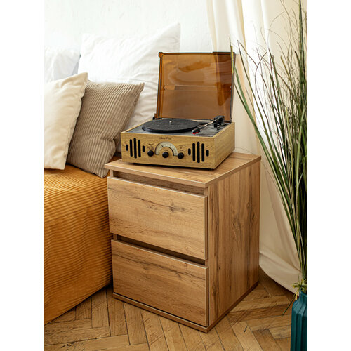 Прикроватная напольная тумбочка с двумя выдвижными ящиками без ручек дуб