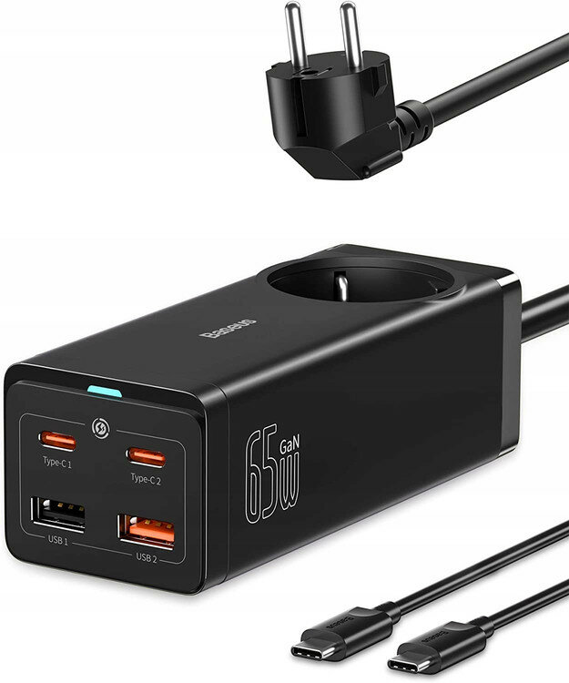 Сетевая зарядка с портом Type-C Baseus GaN3 Pro Power Combo PowerStrip 65W Black 2 Type-C + 2 USB-A