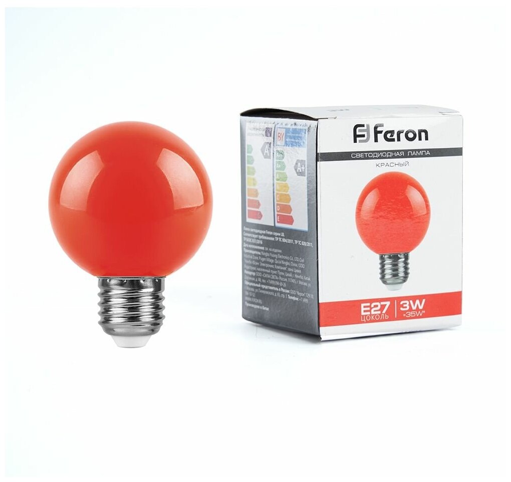 Feron (10 шт.) Лампа светодиодная Feron E27 3W красный Шар Матовая LB-371 25905