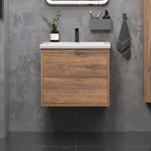 Изображение товара Тумба подвесная SanStar Siva 50 с раковиной Como 50 (комплект) для ванной комнаты, Дуб веллингтон табак