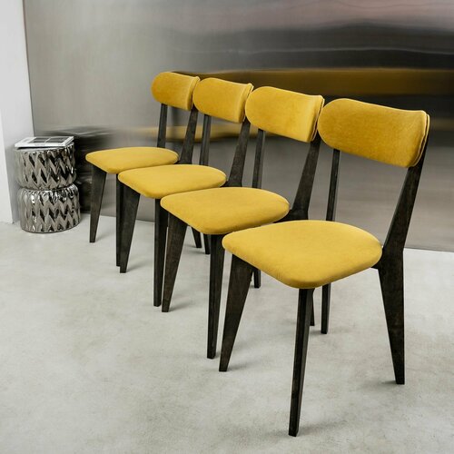 Стулья для кухни SANYAK 4 шт, деревянные со спинкой, Горчичный велюр