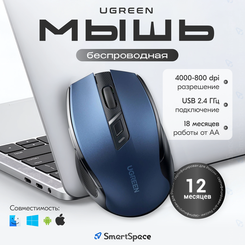Мышка беспроводная компьютерная UGREEN MU006 Ergonomic Wireless Mouse синий 1120₽