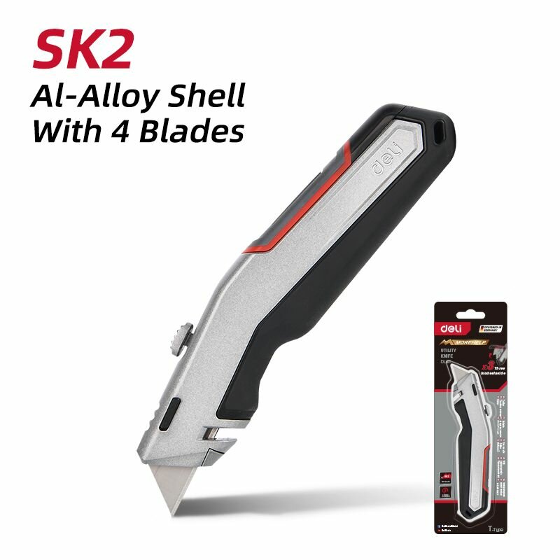Строительный нож с Т-образным лезвием Deli DL411 (3 запасных лезвия SK2 корпус из цинкового сплава)
